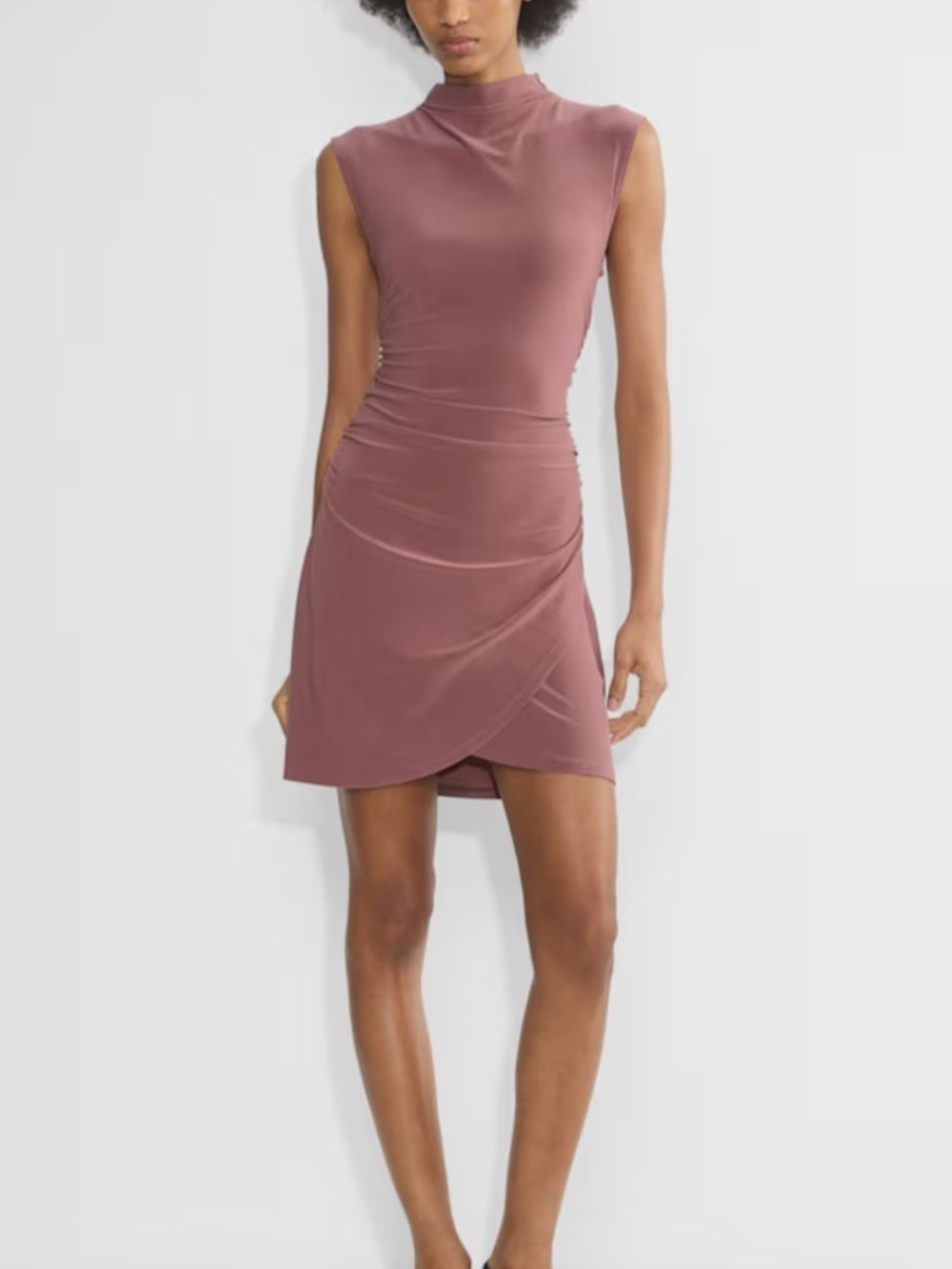 Aritzia NEW Sleeveless Mock Neck Ruched Wrap Mini Dress - Mauve